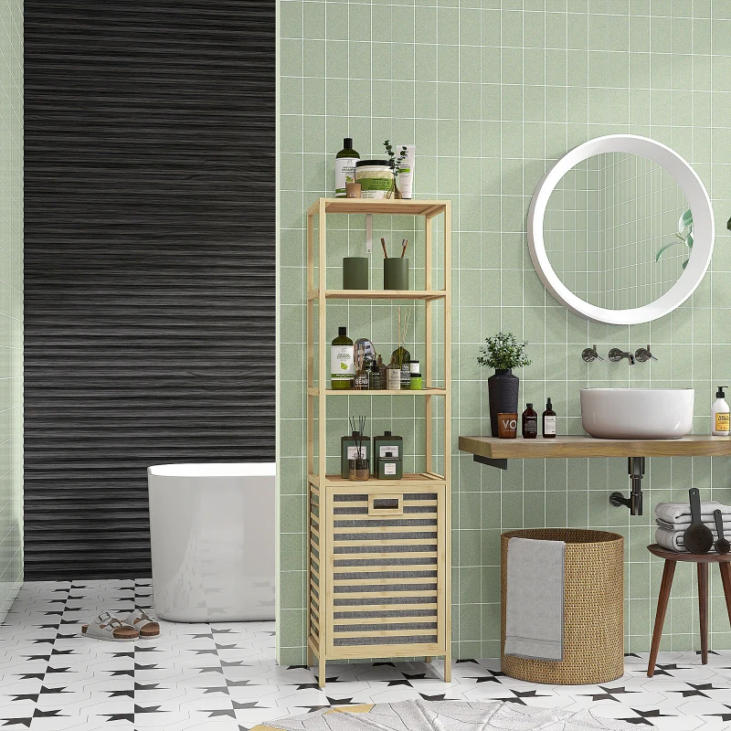 HOMCOM Estante de Casa de Banho em Bambu com 3 Prateleiras e 1 Cesto para Roupa Suja Removível 44x33x160 cm Natural