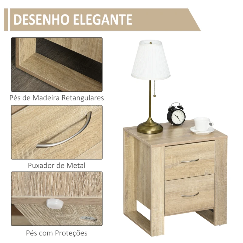 HOMCOM Mesa de Cabeceira com 2 Gavetas Pés e Base Elevada para Dormitório Mesa Lateral para Sala de Estar Estilo Moderno 48x39x54cm Carvalho