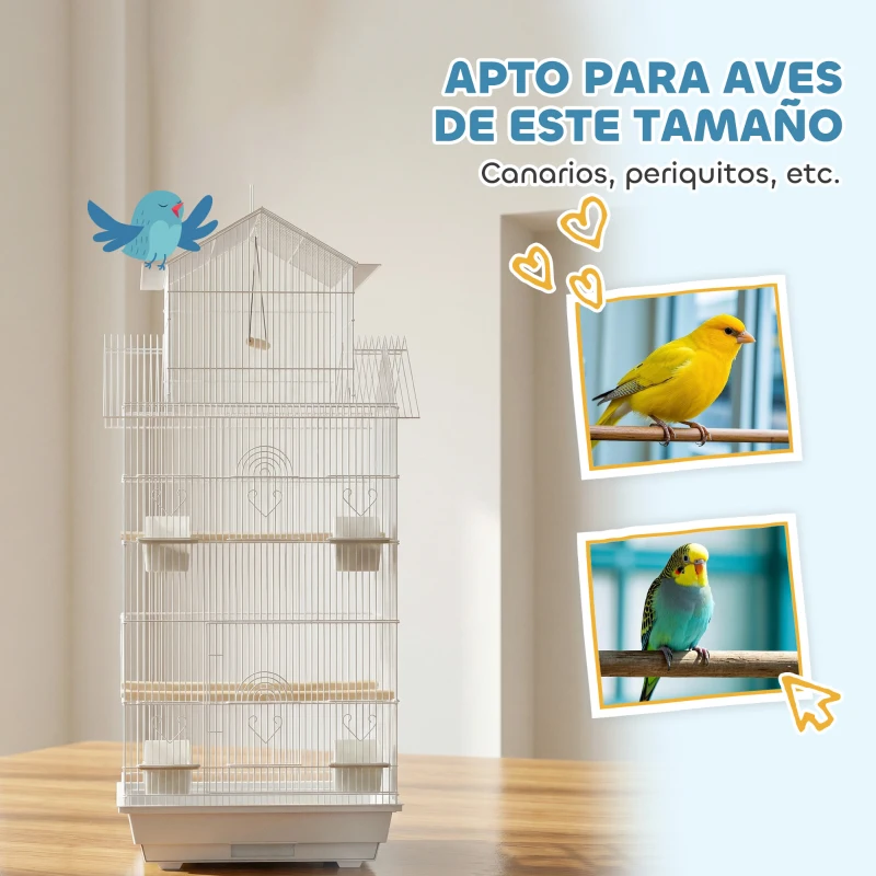 PawHut Jaula para Pájaros de Acero con Comederos Perchas Columpio y Bandeja Extraíble 50,5x41x104 cm Blanco