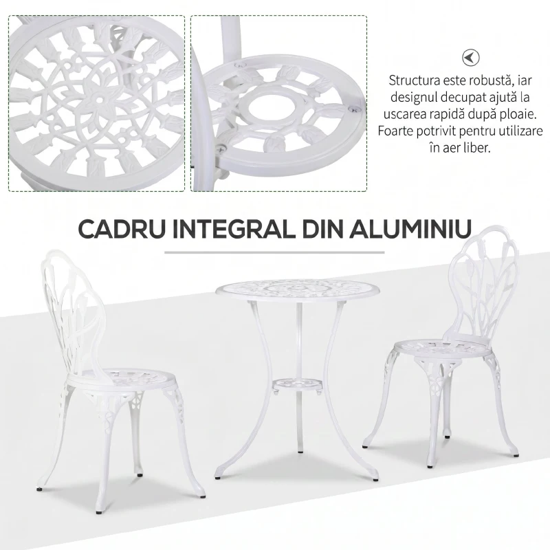 Outsunny Set de Grădină 3 Piese din Aluminiu cu 2 Scaune 42,5x47,5x89 cm și Masă Rotundă Ø60x67 cm, Alb