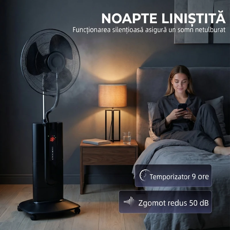 HOMCOM Ventilator de Podea 3 în 1 Oscilant cu Nebulizator de Apă, Telecomandă și Timer 9h, 45x38x130 cm, Negru