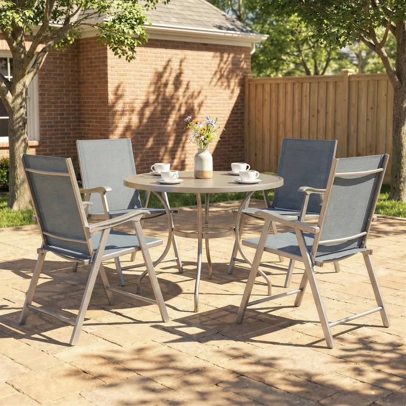 Outsunny Conjunto de 4 Sillas de Jardín Exterior Plegables con Respaldo Alto y Reposabrazos para Terraza Playa 58x62x97 cm Gris