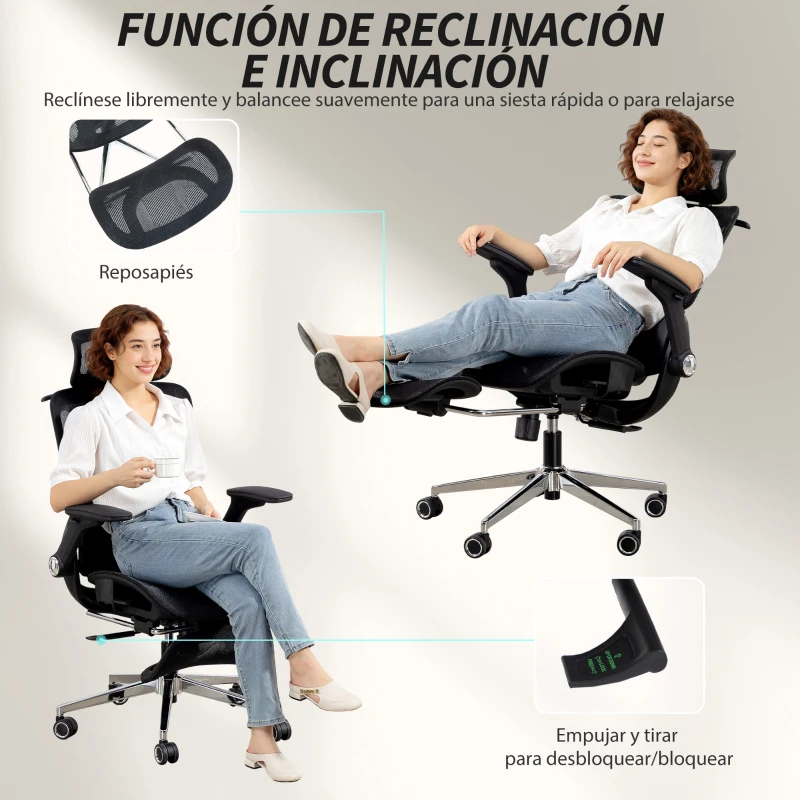 HOMCOM Silla de Escritorio de Malla con Reposapiés Respaldo Reclinable Soporte Lumbar Reposabrazos y Reposacabezas Ajustable