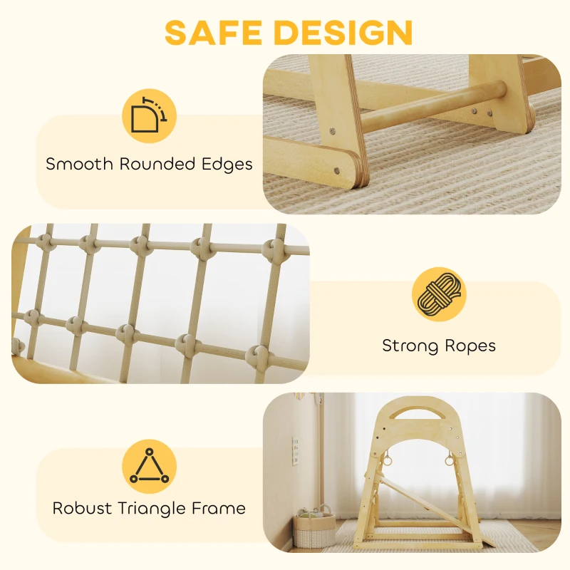 AIYAPLAY 6 in 1 Kids Climbing Frame with Slide, Monkey Bars, Gymnastics Rings, Ladder, Climbing Net, for 3-6 Years, Natural Tone