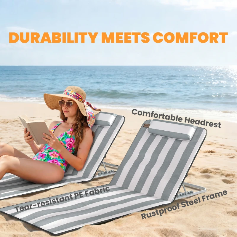 Outsunny Set of 2 Foldable Garden Beach Chair Mat Lightweight Outdoor Sun Lounger Seats Adjustable Back Metal Frame PE Fabric Head Pillow w/ Carry Bag, Light Grey