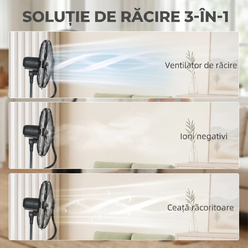 HOMCOM Ventilator de Podea 3 în 1 Oscilant cu Nebulizator de Apă, Telecomandă și Timer 9h, 45x38x130 cm, Negru