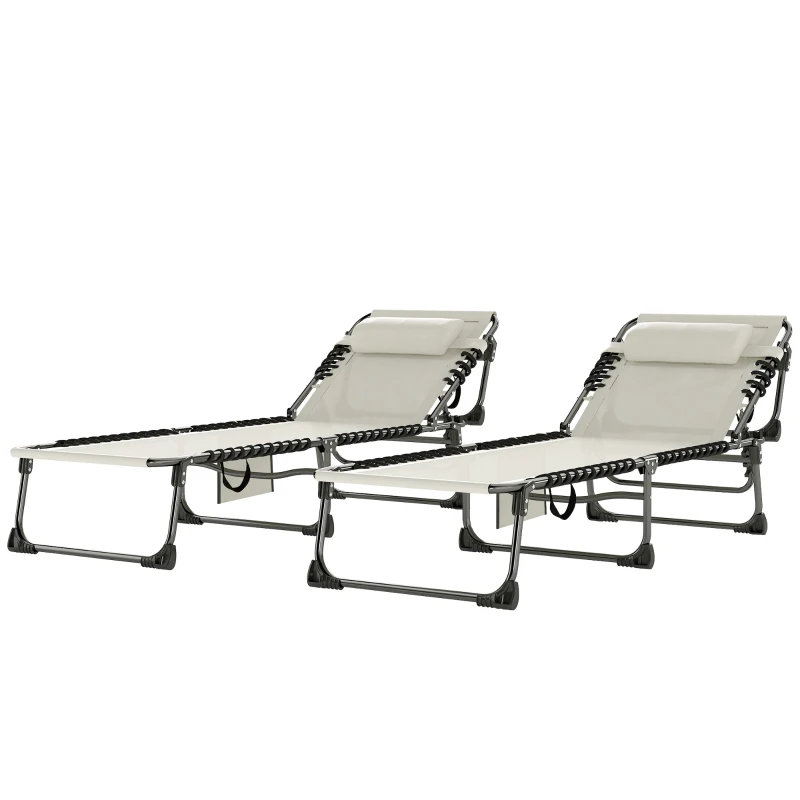 Outsunny Set de 2 Tumbonas Plegables con Reposacabezas Bolsillo Lateral y Respaldo Reclinable en 5 Posiciones Blanco Crema