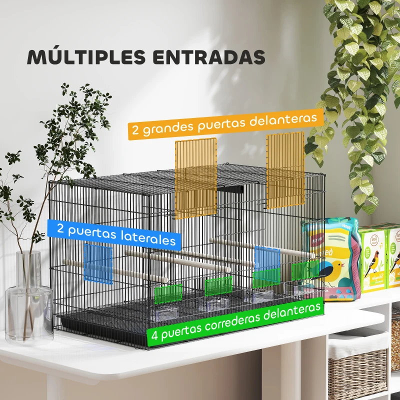 PawHut Jaula para Pájaros con Divisor 4 Comederos 4 Perchas Bandeja Extraíble para Loros Canarios Periquitos 76x46x46 cm Negro