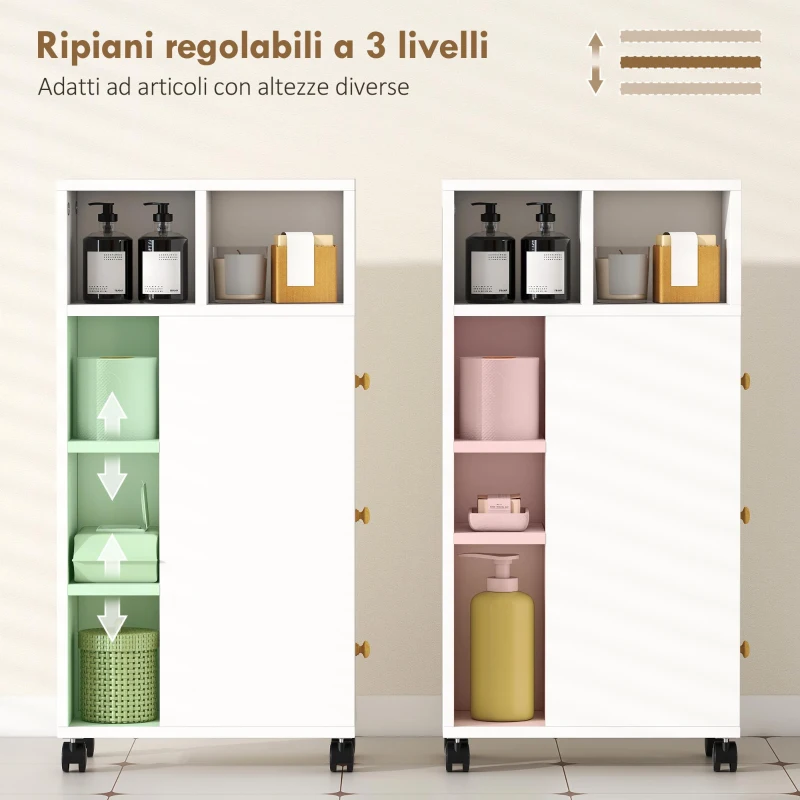 HOMCOM Mobiletto Bagno Salvaspazio con Ruote, 3 Cassetti e 5 Vani con Ripiani Regolabili, 20x40x80 cm, Bianco