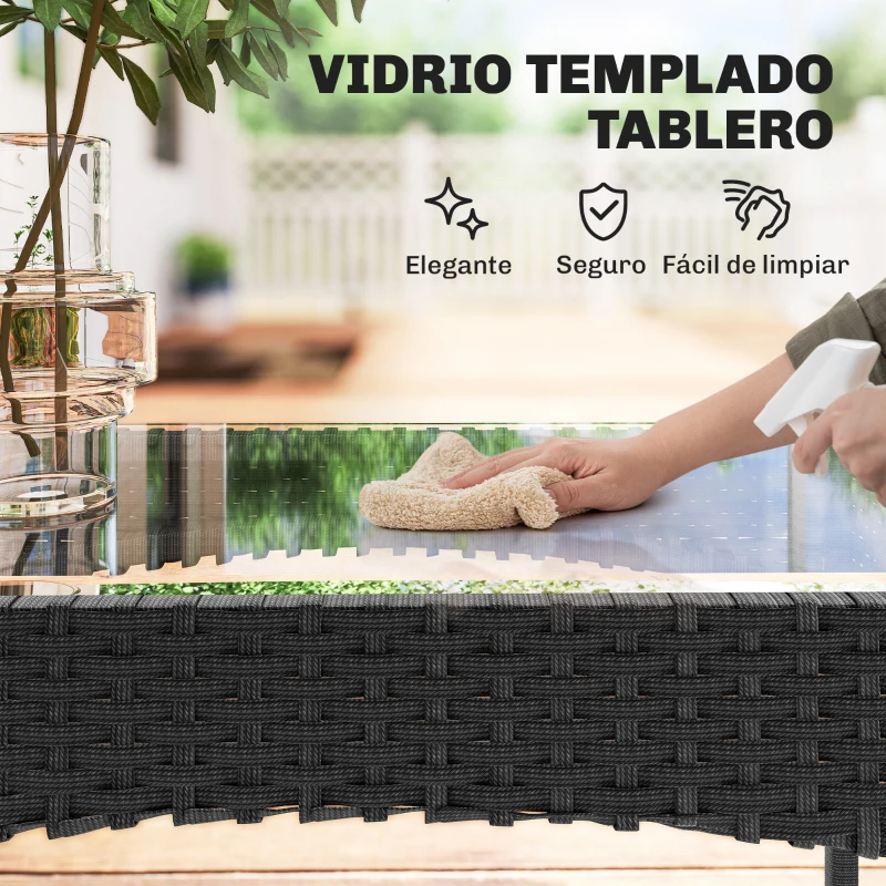 Outsunny Conjunto Muebles Jardín de Ratán Sintético con Sofá Sillones y Mesa de Vidrio Templado y Cojines Negro y Crema