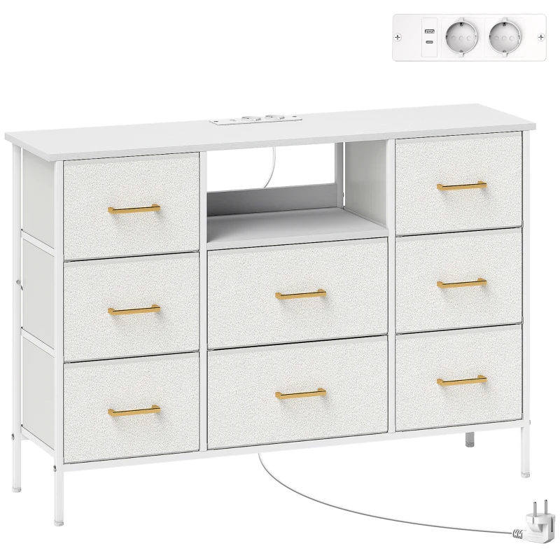 HOMCOM Commode 8 tiroirs en tissu bouclette, meuble de rangement avec 2 prises de courant, structure en acier 110x30x76cm crème