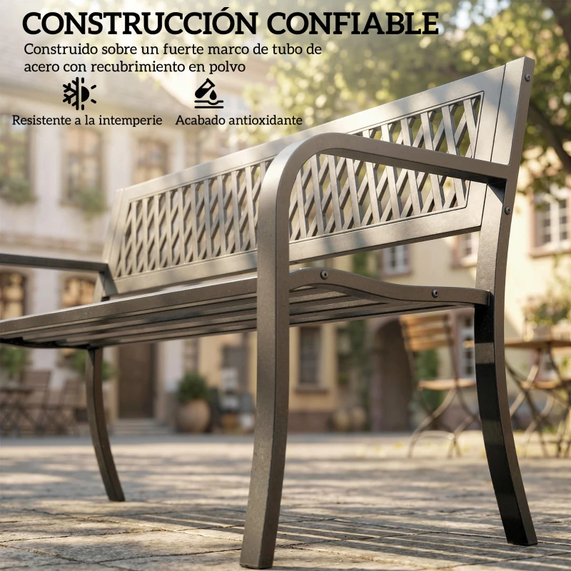 Outsunny Banco de Jardín Exterior de 2 Plazas  con Asiento Listonado Reposabrazos y Marco de Acero 119x50x75 cm Negro