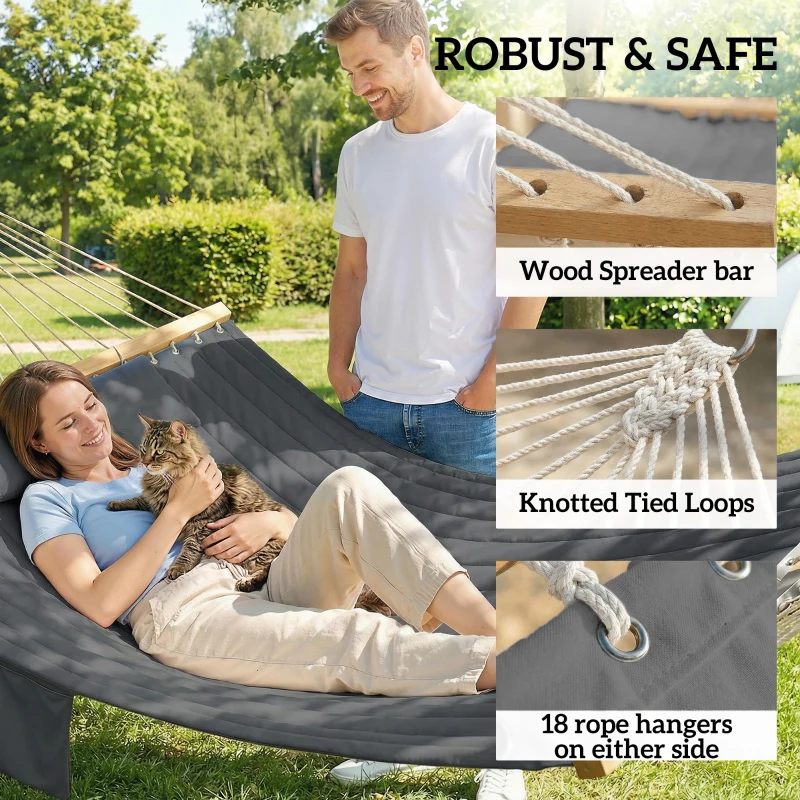 Outsunny Double Hammock 2 Person Swing Bed with Spreader Bars, Pillows, Pad, 200 x 140cm, Grey