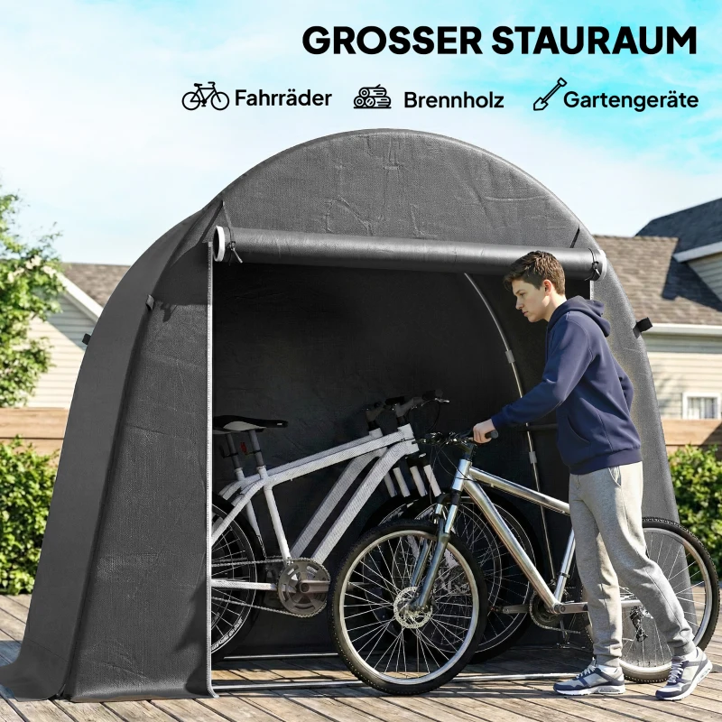 Outsunny Tragbarer Gartenschuppen, Fahrradzelt, Rolltür mit Reißverschluss, Metallrahmen, vielseitige Aufbewahrung, Kunststoff-Abdeckung, Dunkelgrau