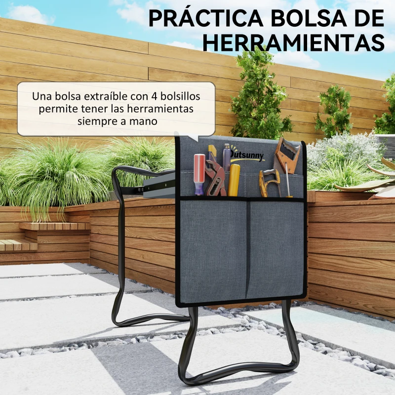 Outsunny Taburete de Jardín Plegable con Almohadilla de Espuma EVA Asiento de Jardín 2 en 1 con Bolsa para Herramientas
