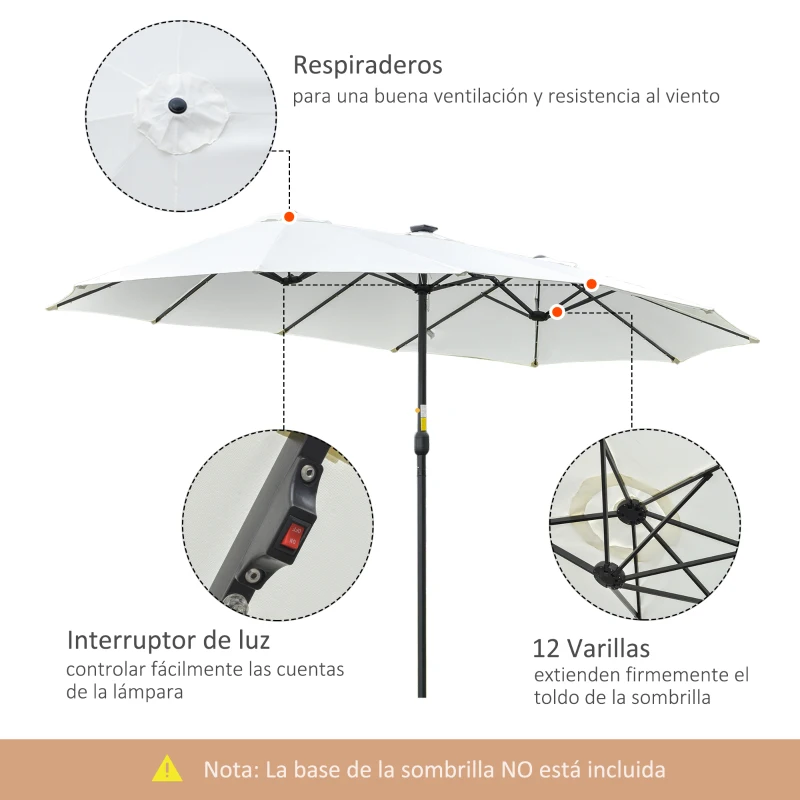 Outsunny Sombrilla Doble con 48 Luces LED 4,5x2,65 m Manivela Protección Solar para Terraza Jardín Piscina Crema