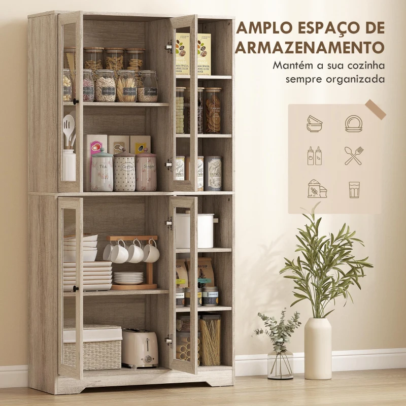 HOMCOM Armário de Cozinha Móvel Auxiliar de Cozinha com Prateleiras Abertas e 4 Portas de Vidro 90x35x172 cm Cinza Claro