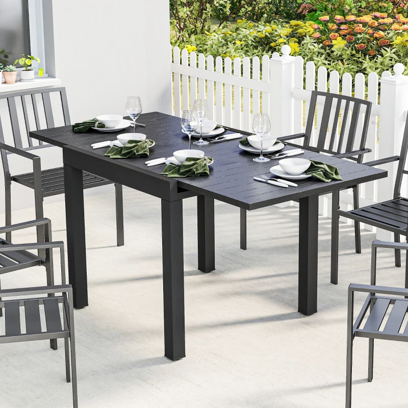 Outsunny Mesa de Comedor Exterior Extensible 80/160 cm para 4-6 Personas de Aluminio con Tapa de Listones Efecto Madera Negro