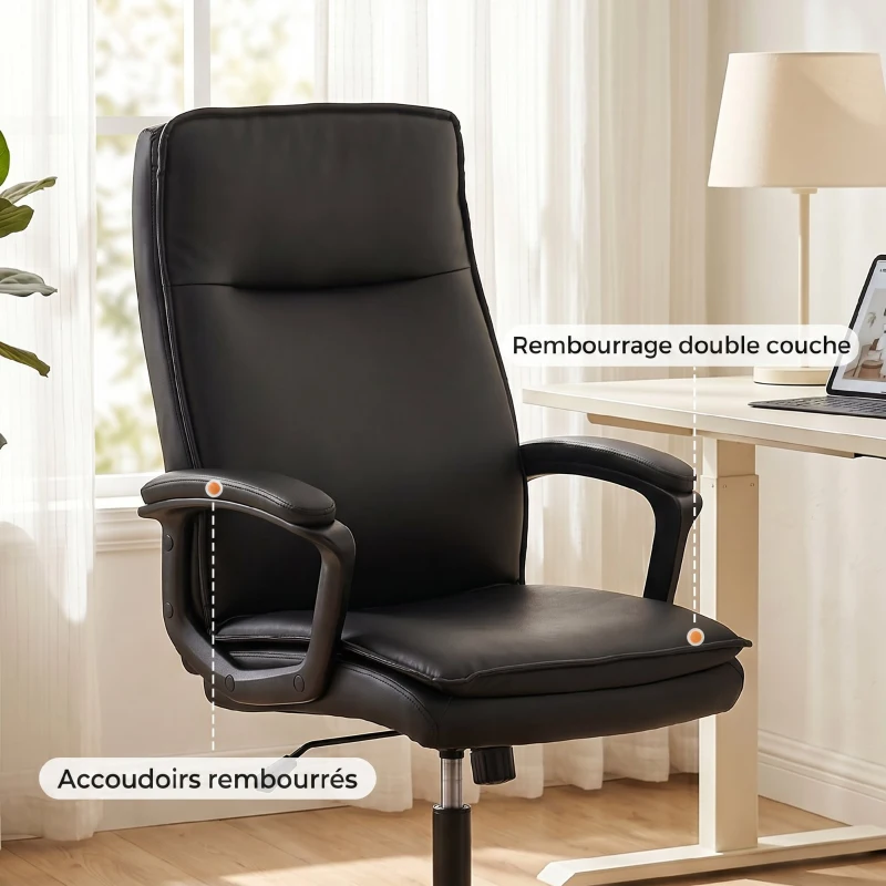 HOMCOM Chaise bureau ergonomique, fauteuil de bureau en PU, hauteur réglable, fonction bascule, pivotante 360°, noir