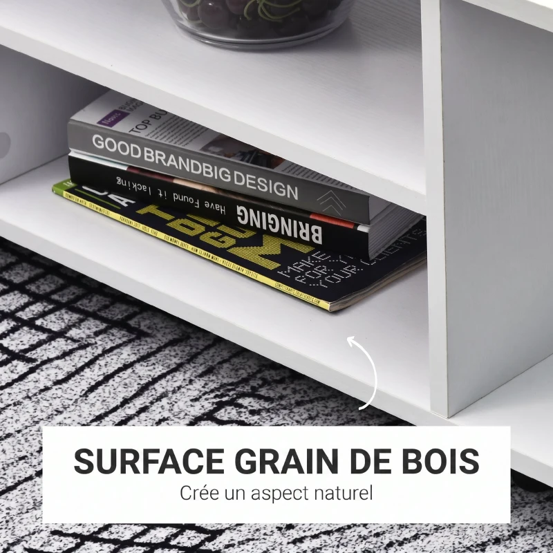 HOMCOM Meuble TV avec roulettes pivotantes, banc TV en bois avec étagères, support télé pour télévision jusqu'à 42 pouces, style contemporain pour salon chambre et bureau, 80 x 40 x 40 cm, blanc