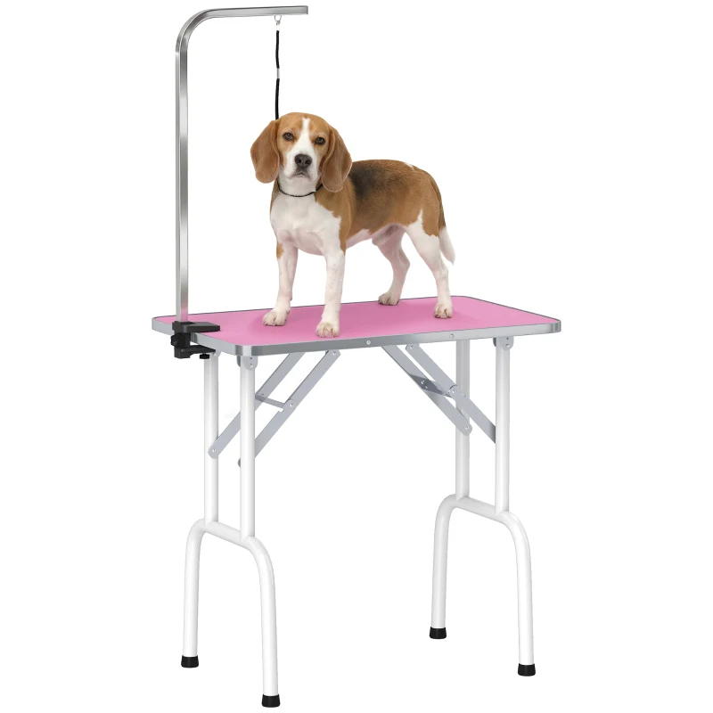 PawHut 32" Foldable Dog Grooming Table Pet Drying Beauty Table Adjustable Fixed Arm Rubber Top, Pink