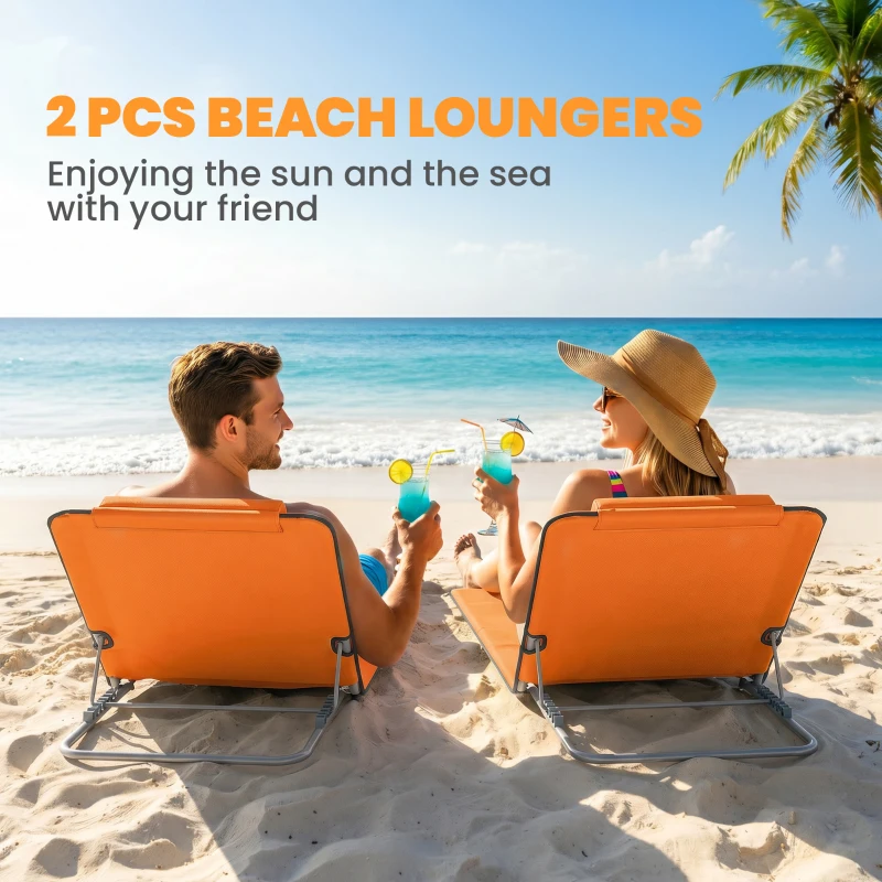 Outsunny Set of Two Metal Frame Beach Chairs, with Reclining Backs - Orange