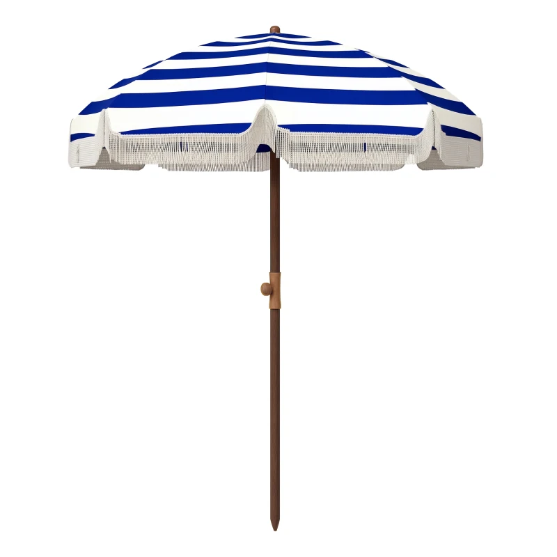 Outsunny Sombrilla de Playa con Flecos Ø190x210 cm con Protección UV40+ Antiviento Impermeable Bolsa de Transporte Azul y Blanco