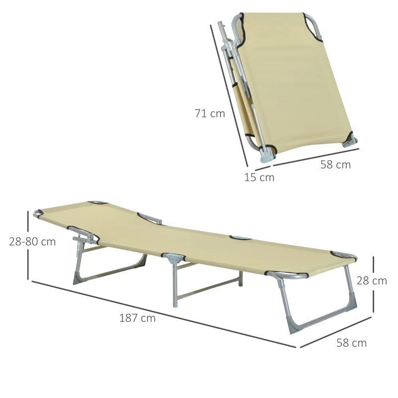 Outsunny Cama de Camping Plegable con Respaldo Ajustable en 4 Niveles Carga 120 kg para Playa Jardín Piscina 187x58x28 cm Beige