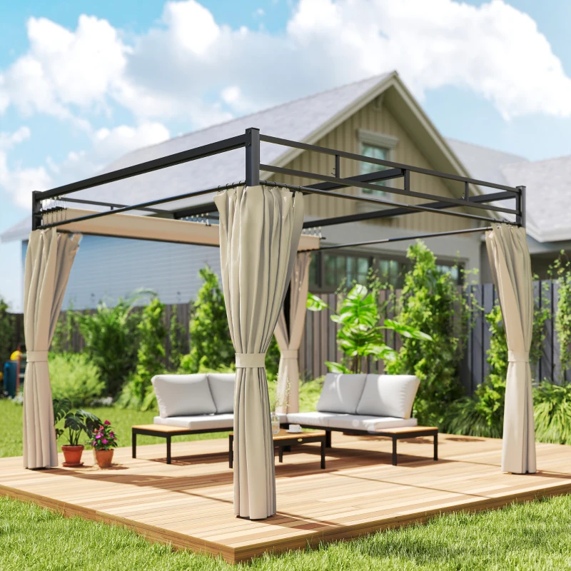 Outsunny Pérgola de Jardín 3x3 m con Techo Retráctil y Cortinas Protección UV30+ Estructura Metálica para Patio Terraza Beige