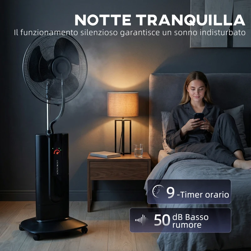 HOMCOM Ventilatore a Piantana 3 in 1 Oscillante con Nebulizzatore d'Acqua, Telecomando e Timer 9h, 45x38x130 cm, Nero