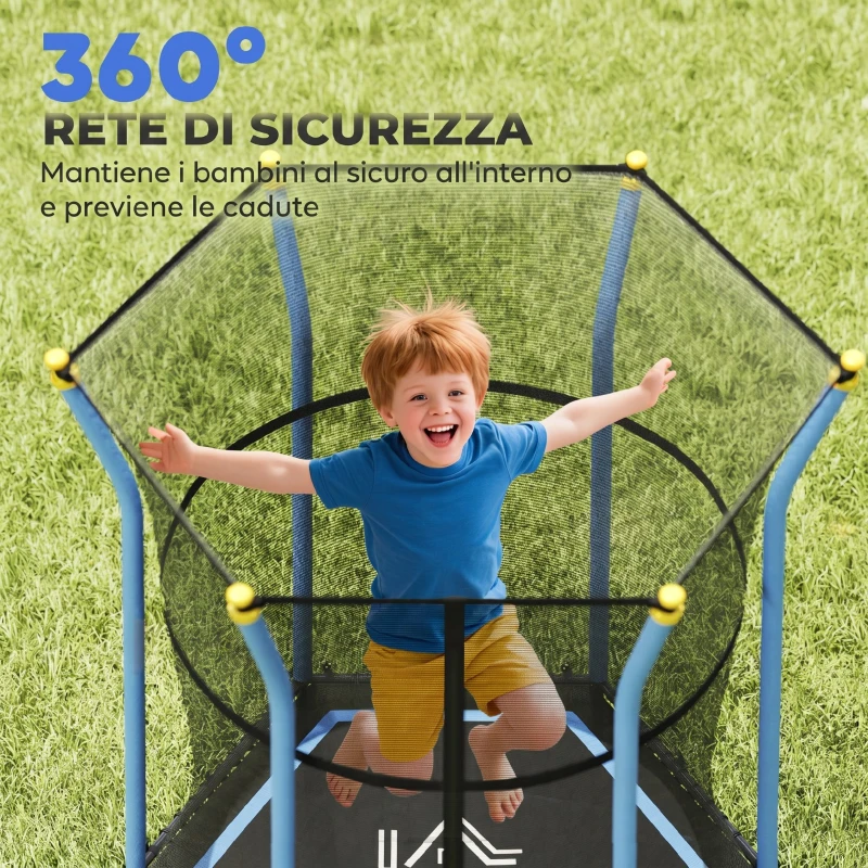 HOMCOM Tappeto Elastico per Bambini con Ingresso a Cerniera e Pali Imbottiti, in Acciaio, PP e EPE, Ø163.5x190 cm, Blu