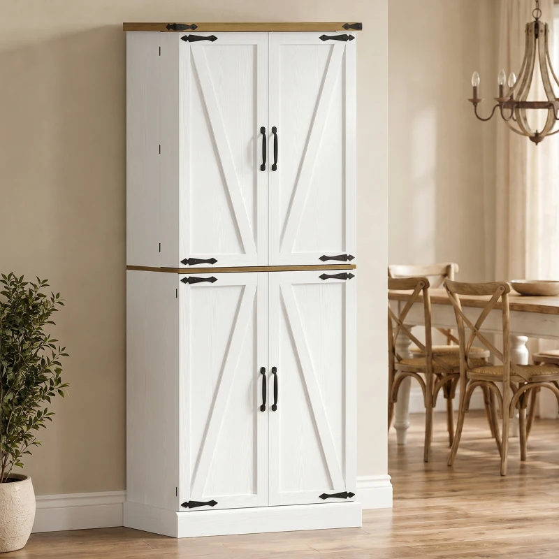 HOMCOM Credenza da Cucina Alta con 4 Porte, 3 Cassetti, 8 Portaspezie e Ripiani Regolabili, 76x40x182 cm, Bianco