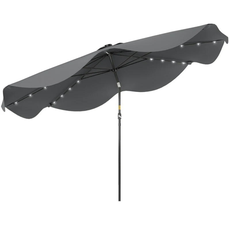 Outsunny Sombrilla de Jardín Manual Ø292x254 cm con 32 Luces LED Solares 8 Varillas Impermeable y Rejillas de Ventilación Gris