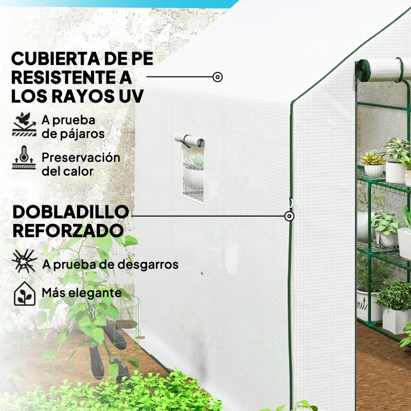 Outsunny Invernadero de Exterior con 12 Estantes Puerta Enrollable Cubierta de PE y Marco de Acero 140x213x190 cm Blanco