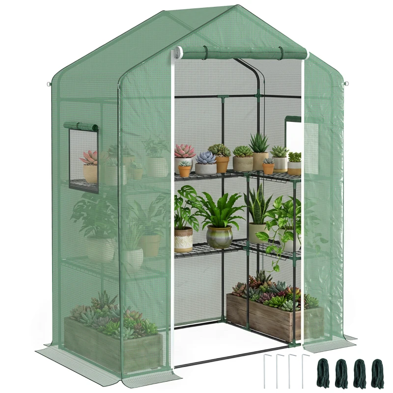 Outsunny Invernadero con 1 Puerta 2 Ventanas y Estantes de 2 Niveles en Forma de U para Cultivo de Plantas 140x73x190 cm Verde