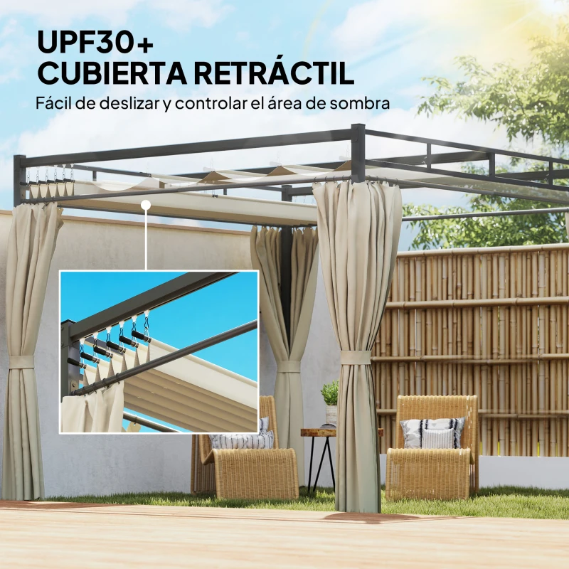 Outsunny Pérgola de Jardín 3x3 m con Techo Retráctil y Cortinas Protección UV30+ Estructura Metálica para Patio Terraza Beige