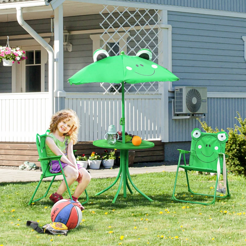 Outsunny Kids Folding Picnic Table and Chair Set Frog Pattern with Removable & Height Adjustable Sun Umbrella, Green