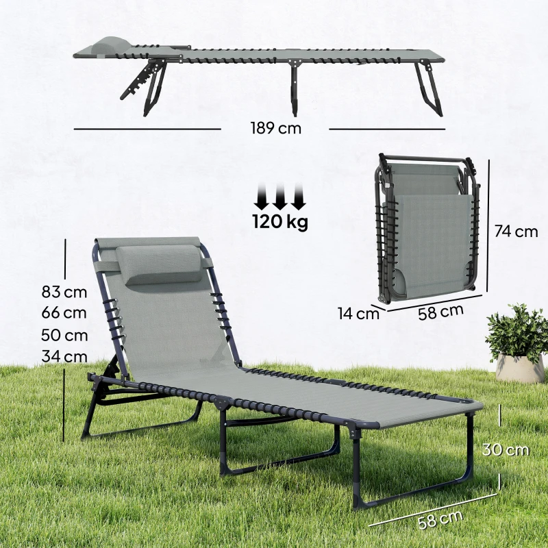 Outsunny Bain de Soleil transat Pliable Dossier inclinable Multi-Positions Acier thermoplastique Lacets élastiques Noir textilène Gris