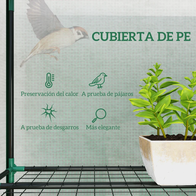 Outsunny Invernadero de Exterior de 3 Niveles con Puerta Enrollable con Cremallera 9 Estantes Cubierta de PE 215x46x151cm Verde