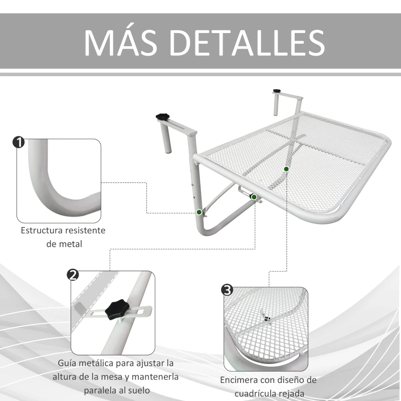 Outsunny Mesa Colgante de Balcón con Brazo Regulable y Altura Ajustable en 3 Posiciones Marco Metálico 60x56x50 cm Blanco