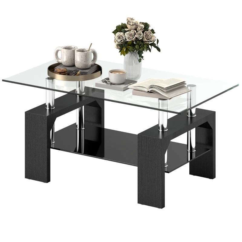 HOMCOM Tavolino da Caffè Moderno a 2 Livelli in Legno e Acciaio con Piano in Vetro Temperato, 90x50x42 cm, Nero