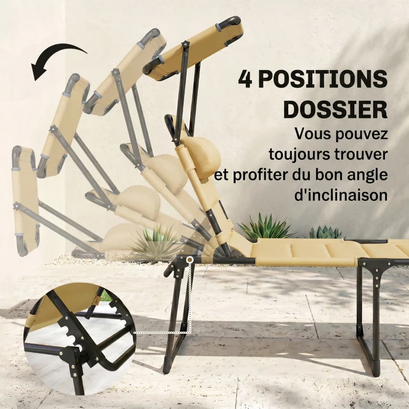 Outsunny Bain de soleil chaise longue pliante avec pare-soleil, appuie-tête inclinable en tissu Oxford 70 x 200 x 45 cm crème