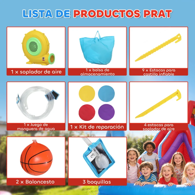 AIYAPLAY Castillo Hinchable Acuático con Soplador 550W Tobogán Pared de Escalada Piscina Aro de Baloncesto Portería de Fútbol