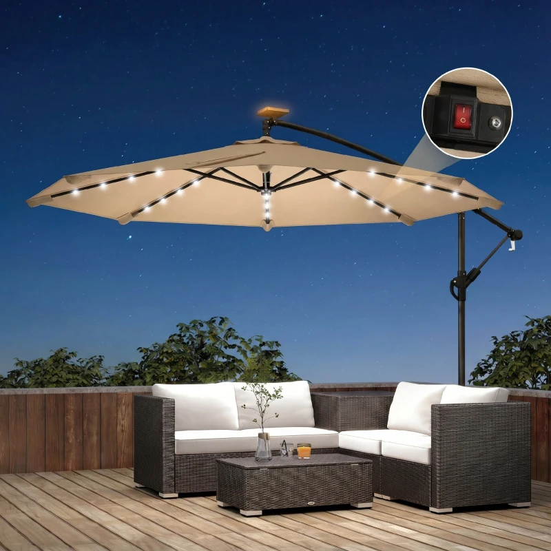 Outsunny Umbrelă de Grădină Suspendată cu LED-uri Solare, 3x3m, Bej