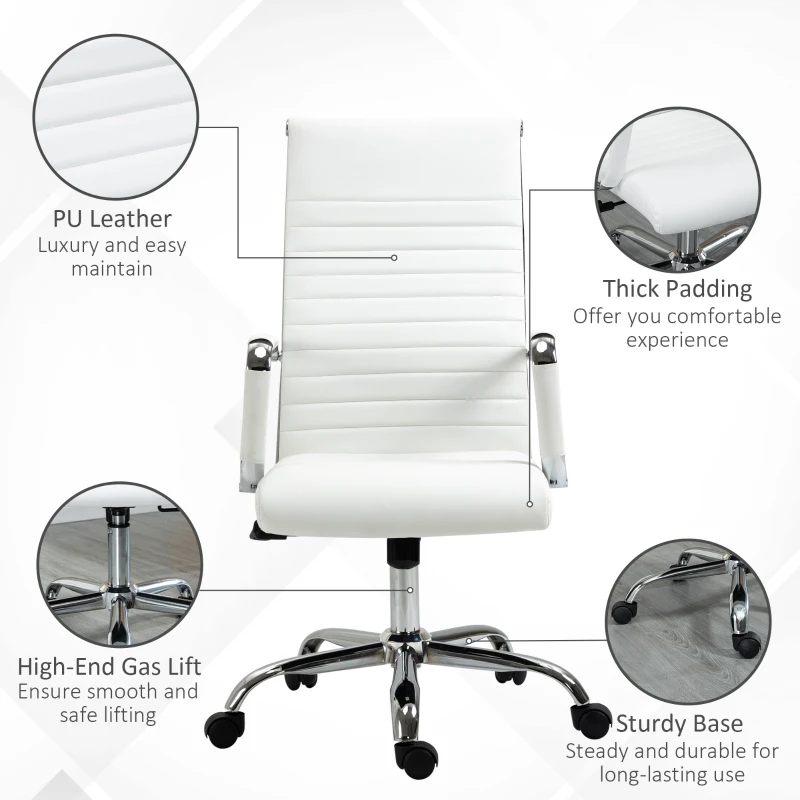Vinsetto Scaun de Birou Ergonomic din Piele Ecologică, Scaun Rotativ și cu Funcție de Legănare, 54x62x104-114 cm, Alb
