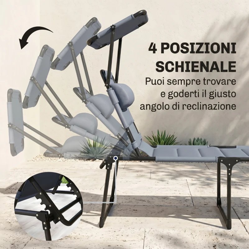 Outsunny Lettino Prendisole Pieghevole con Schienale Regolabile a 4 Livelli, Cuscino e Imbottitura, Grigio