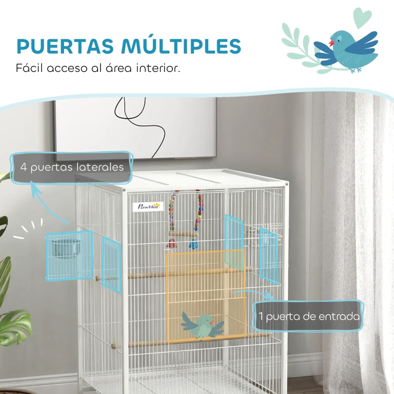 PawHut Jaula para Pájaros con Ruedas con Comederos Perchas Columpio y Bandeja Extraíble 48x46x78 cm Blanco