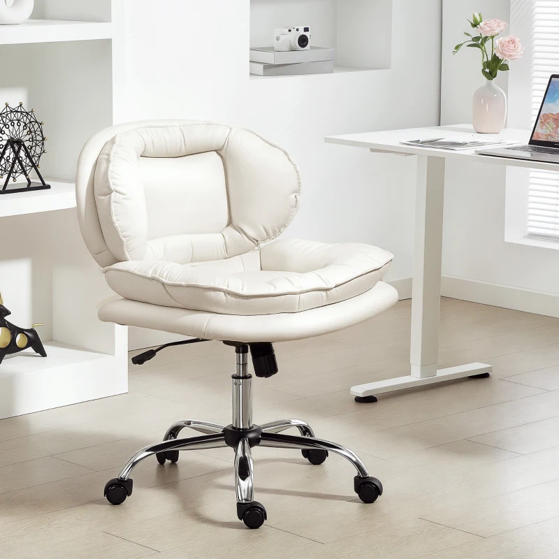 HOMCOM Silla de Oficina Piernas Cruzadas con Asiento Ancho Ruedas Altura Ajustable Doble Acolchado Función Basculante Gris
