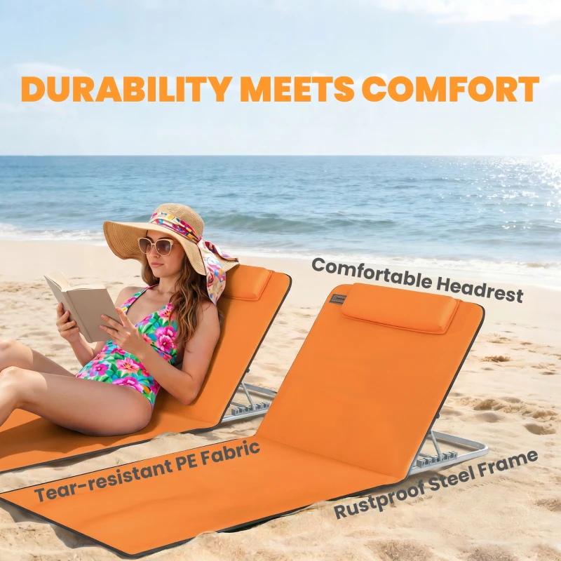 Outsunny Set of Two Metal Frame Beach Chairs, with Reclining Backs - Orange