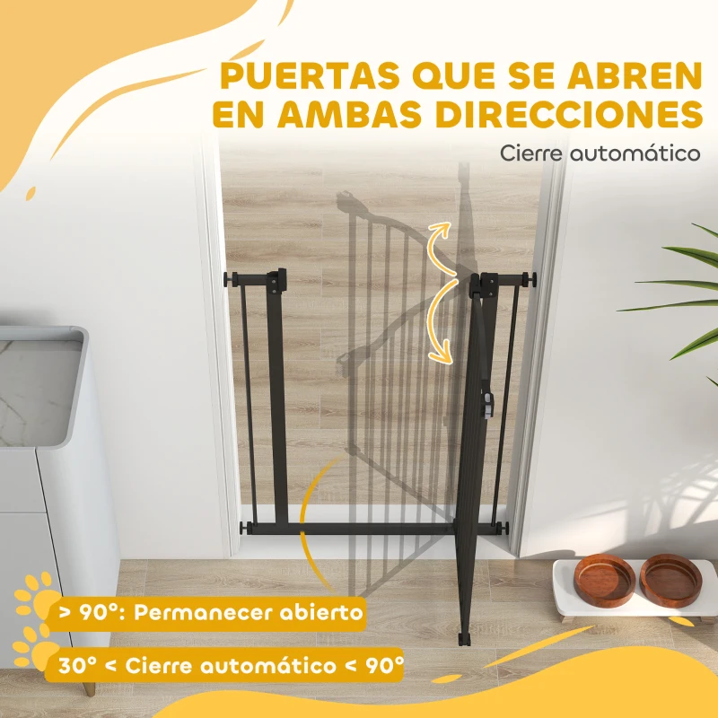 PawHut Barrera de Seguridad para Perros 74-80 cm con 2 Extensiones Montaje a Presión Doble Bloqueo para Puerta Escalera Negro